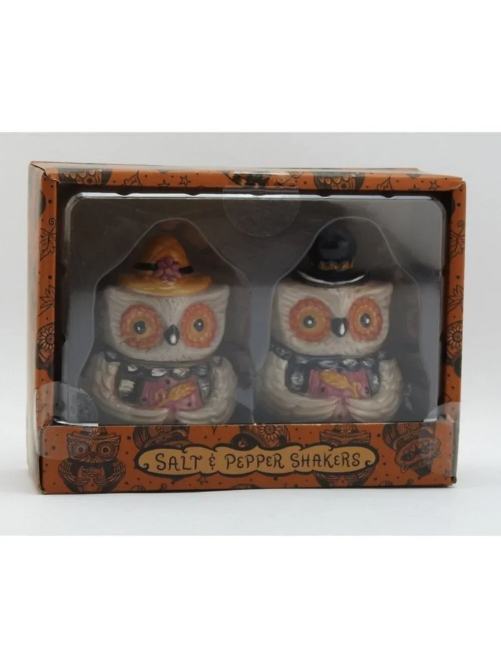 Johanna Parker Thanksgiving Owl Salt Pepper Shakers Witch Pilgrim Hats NIB